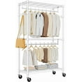 thumbnail image 1 of Heavy Duty Rolling Garment Rack 3 Tiers Adjustable Wire Shelving Clothes Rack with 2 Rods and Side Hooks,Storage Closet Clothing Rack with Wheels White 15.7" D x 29.5" W x 74.5" H, 1 of 15