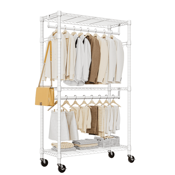 M MZG Rolling Garment Clothing Rack,15.7" D x 29.5" W x 74.5" H,Heavy Duty Closet Organizer,White
