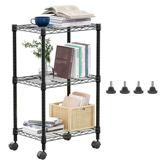 M MZG 3-Tier Wire Shelving Unit with Wheels, 11.8"D x 17.7"W x 29.8"H, Black