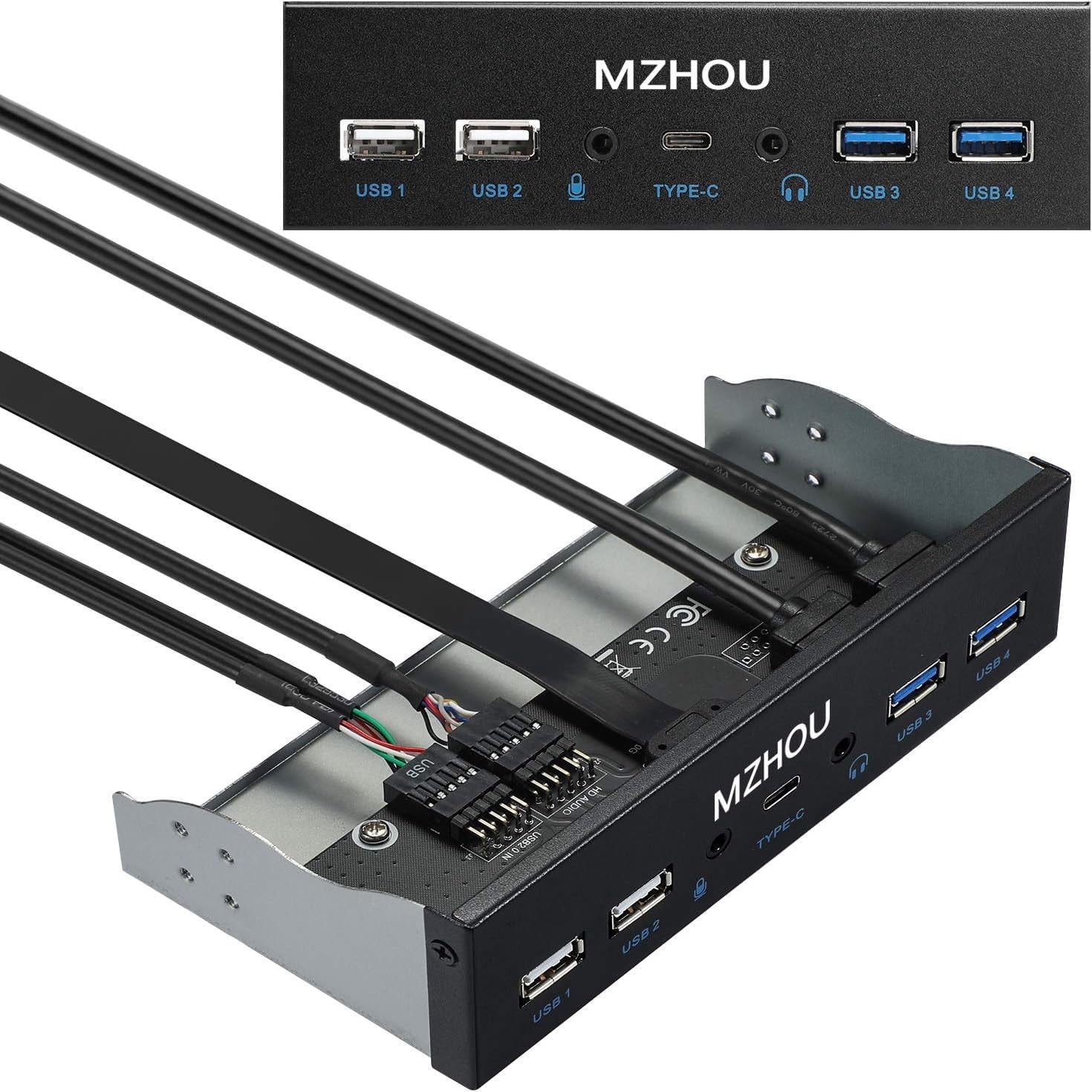 MZHOU USB2.0 + 3.0 Metal Front, 5.25 inch 19Pin Front Panel Adapter, 4 USB 3.0 Port hubs and (1HD Audio Port / 1TPY-C Port / 1 Microphone Input)