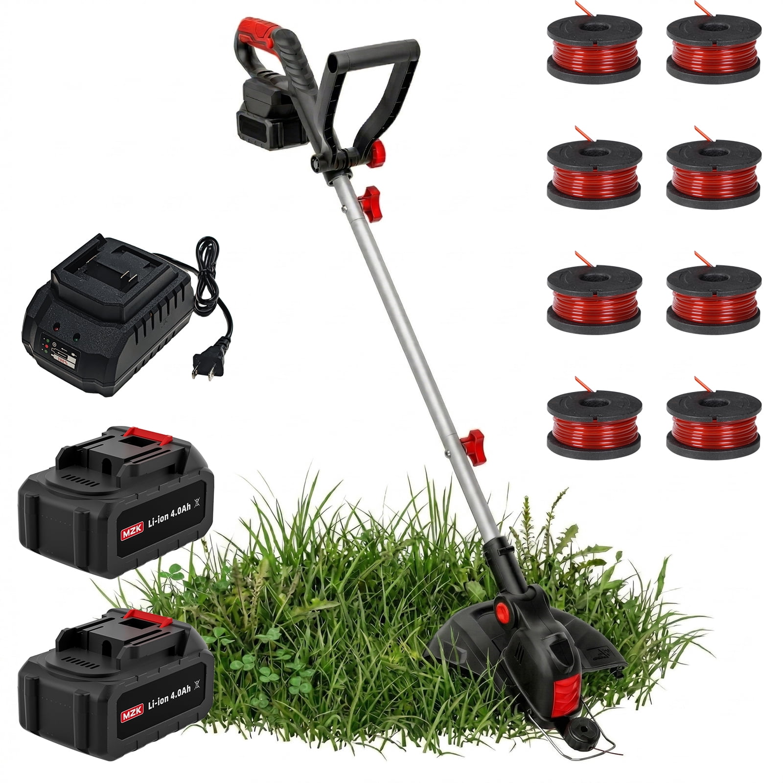 MZK 20V 12" Cordless Grass Trimmer & Edger w/ 8 Spools, 2x4AH Battery for Lawn/Garden