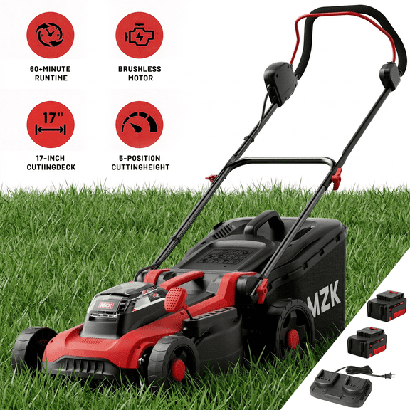 MZK 40V 17" Electric Lawn Mower, 2-in-1 Brushless Cordless Lawn Mower, Walk-Behind Push Mowers with 5-Position Height Adjustment, 2 x 4.0Ah Batteries & Charger Included