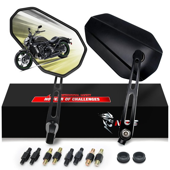 MZS Motorcycle Mirrors, Universal 10mm 8mm Heavy Duty Aluminum Motorbike Rear View Side Mirror Accessories Adjustable Black Arrow Compatible Touring Cruiser Street Bike Cafe Chopper Scooter Moped