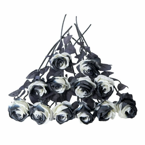 MZXELPRJD 12 Pcs Artificial Flowers Roses Silk Flowers Long Stem Artificial Roses for Home Wedding Bathroom Kitchen Decorations (Black+White) Small Sunflowers Artificial Flowers