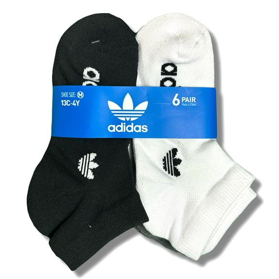 ADIDAS SOCKS BOYS - LOW CUT 243 - BLACK WHITE - YOUTH MEDIUM (13C-4Y) - PACK 6