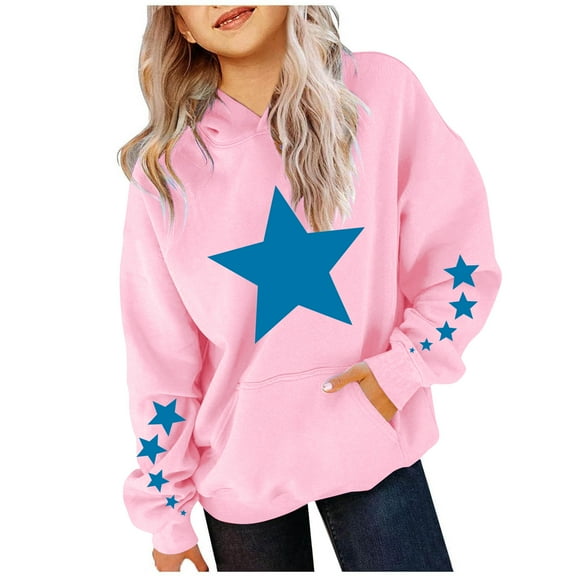 MZXELPRJD Cute Hoodies for Teen Girls Oversized Star Print Long Sleeve Drawstring Hooded Sweatshirt with Kangaroo Pockets Kids Pullover Hoodies