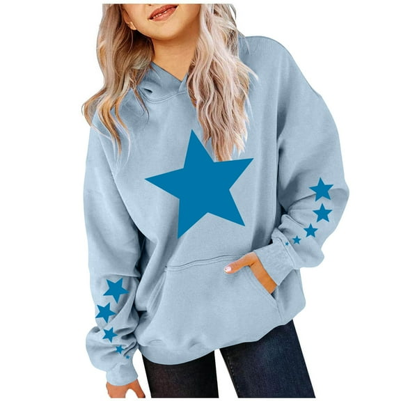 MZXELPRJD Cute Hoodies for Teen Girls Oversized Star Print Long Sleeve Drawstring Hooded Sweatshirt with Kangaroo Pockets Kids Pullover Hoodies