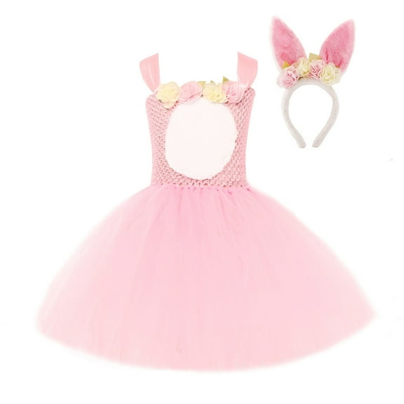 MZXELPRJD Easter Dresses for Girls Spring Dresses with Cute Rabbit Ears Headband Toddler Girl Clothes for Kids 2-12 Years Tulle Mesh Summer Dress Flower Girls Party Dance Dress for Little Girls