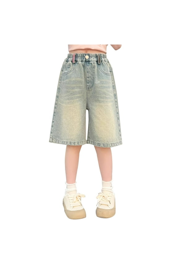 Girls Baggy Denim Shorts Kids Knee Length Jean Shorts 2026 Trendy Y2k Baggy Wide Leg Shorts with Pockets Teen Girls Vintage Retro Jorts