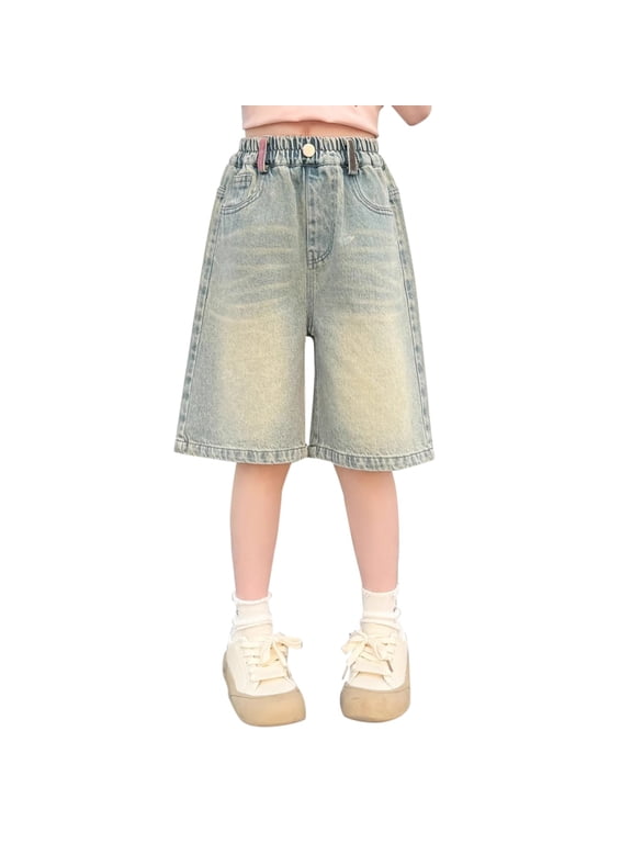 Girls Baggy Denim Shorts Kids Knee Length Jean Shorts 2026 Trendy Y2k Baggy Wide Leg Shorts with Pockets Teen Girls Vintage Retro Jorts
