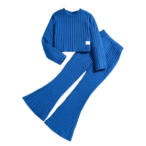 MZXELPRJD Girls' Clothing Sets Tween Girl Spring Fall 2 Piece Outfits Kids Striped Long Sleeve Tops Cozy Rib-Knit Flared Pants with Side Pockets