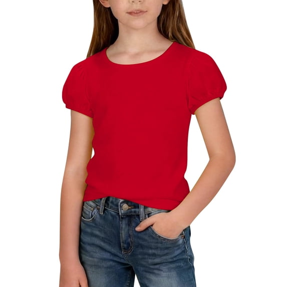 MZXELPRJD Girls Puff Short Sleeve Tops Kids Summer T Shirts Teens Crewneck Fashion Tees Toddler Solid Color Short Sleeve Round Neck Blouse