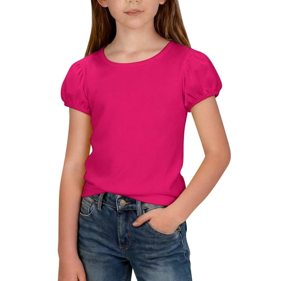 MZXELPRJD Girls Puff Short Sleeve Tops Kids Summer T Shirts Teens Crewneck Fashion Tees Toddler Solid Color Short Sleeve Round Neck Blouse
