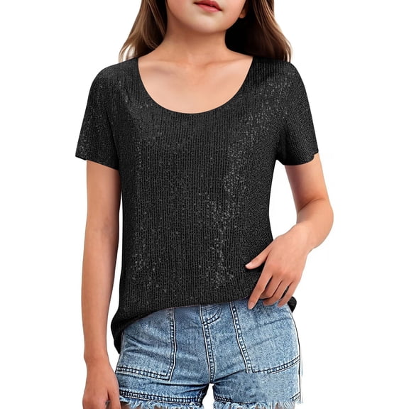 MZXELPRJD Girls Short Sleeve Sequin Shirt 2026 Trendy Metallic Shimmer Short Sleeved Shirts for Teen Girl Kids Sparkly Glitter Crewneck Tee Tops Toddler Clothes