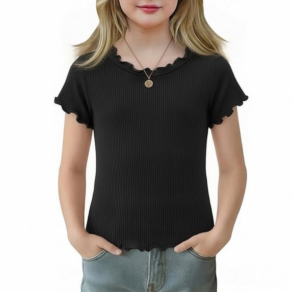MZXELPRJD Girls Short Sleeve Tees Toddler Baby Girl Summer Lettuce Trim Ribbed Knit Crewneck T-Shirts Solid Color Casual Blouse Plain Cute Basic Tops