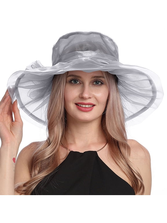Kentucky Derby Hats for Women Vintage Church Dress Hats Mesh Floral Big Brim Sun Beach Hats Wedding Cocktail Tea Party Hat Summer Floppy Foldable Roll up Cap