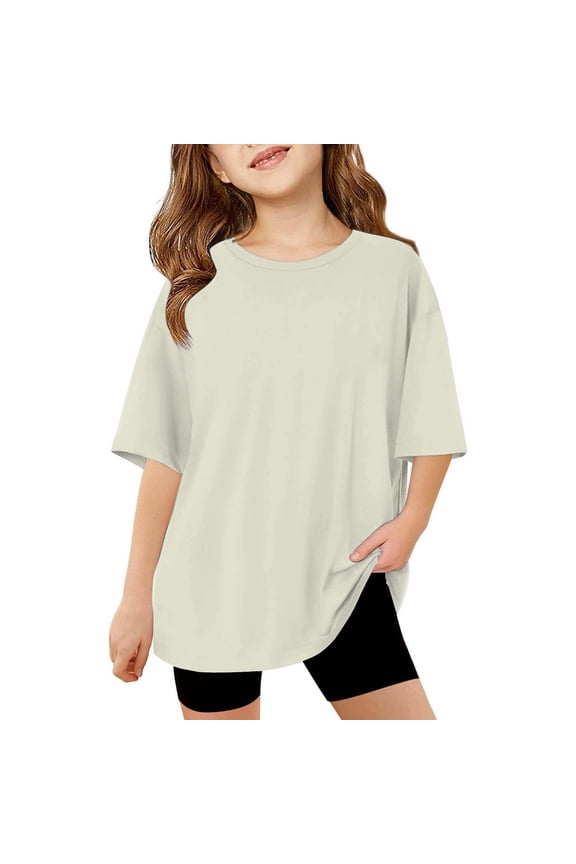 Teen Girls Baggy T Shirts Tween Girl Oversized Crew Neck Short Sleeve Loose Fit Tops Summer Casual Basic Tees Trendy Cute Shirt,Beige 13-14 Years