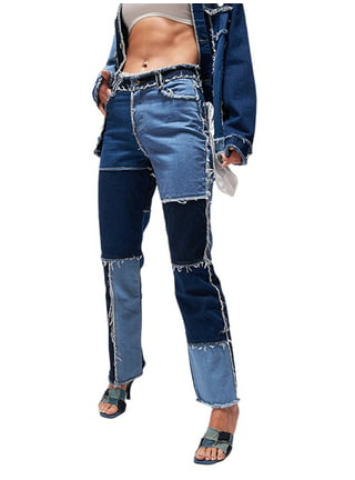 Men's High Waisted Patchwork Straight Jeans Fashion Y2K Style Block Color  Distressed Pencil Denim Pants