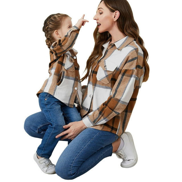 Ma&Baby Flannel Family Women Girl Plaid Jacket Shacket Long Sleeve
