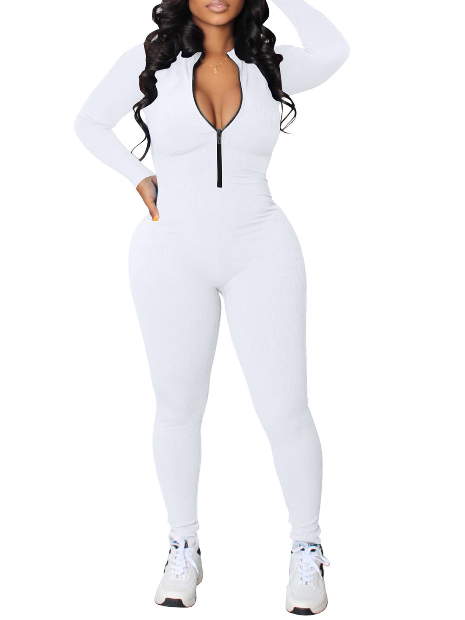 Ma Baby Ladies Women One Piece Bodycon Jumpsuit Solid Color Zipper