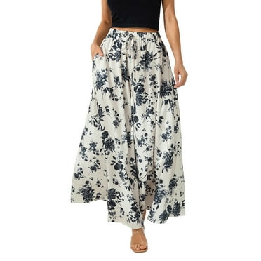 Ma Baby Women Boho Flowy Maxi Skirt Summer Pleated High Waisted Long Skirts with Pockets