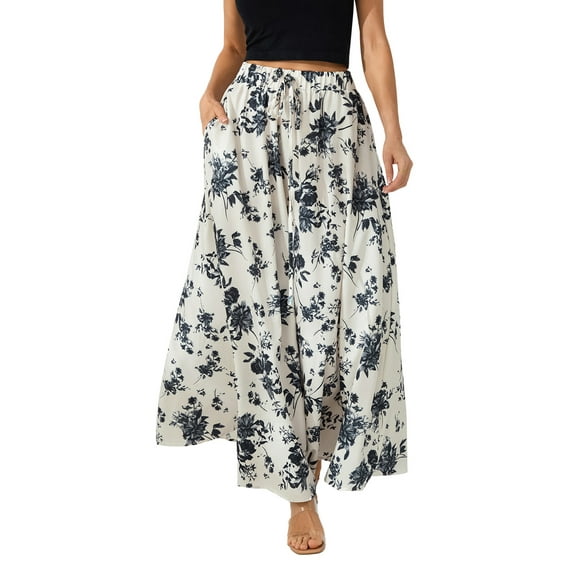 Ma&Baby Women Boho Flowy Maxi Skirt Summer Pleated High Waisted Long Skirts with Pockets