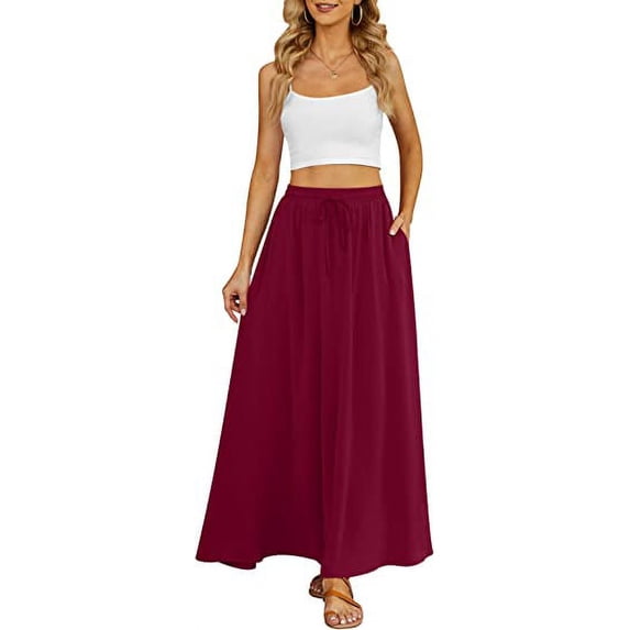 Ma&Baby Women Boho Flowy Maxi Skirt Summer Pleated High Waisted Long Skirts with Pockets