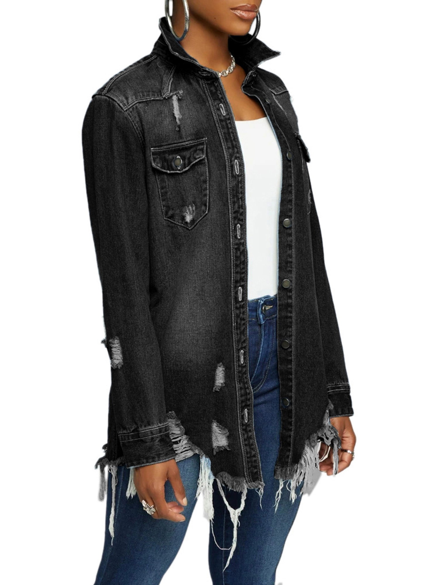 Ma&Baby Women Denim Jacket Long Sleeve Lapel Button Down Ripped Jeans Jacket Coat Plus Size - image 1 of 4