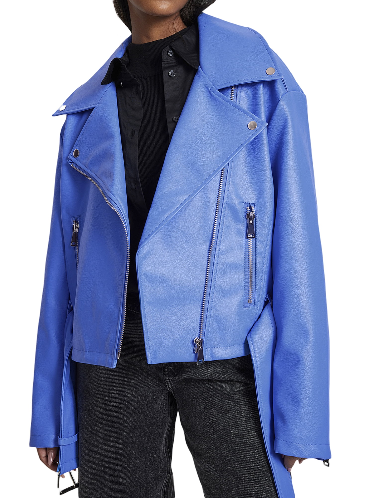 Baby blue faux leather cheap jacket