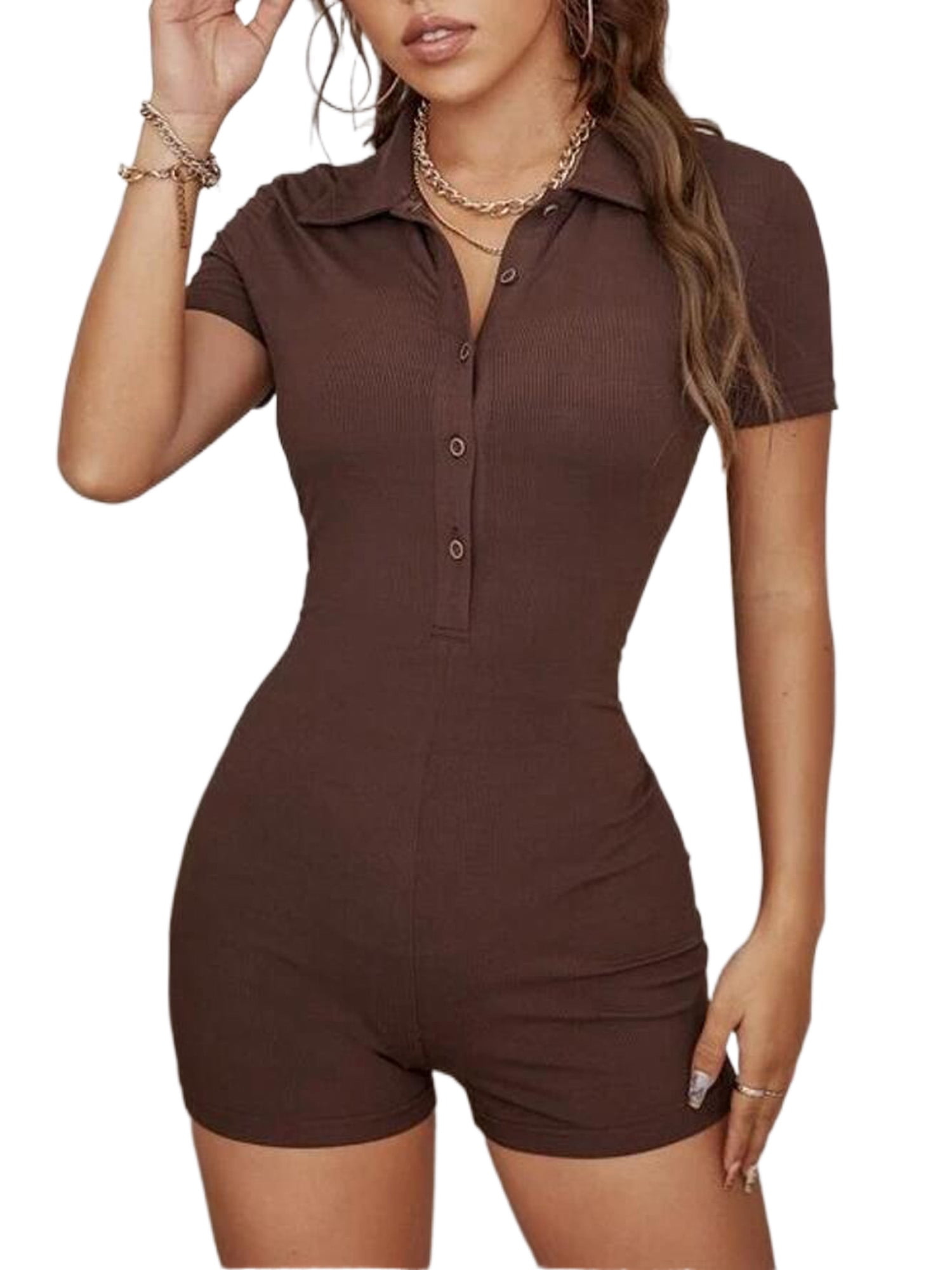 V Neck Button Jumpsuit Pockets Short Sleeve Loose Casual - Temu Canada