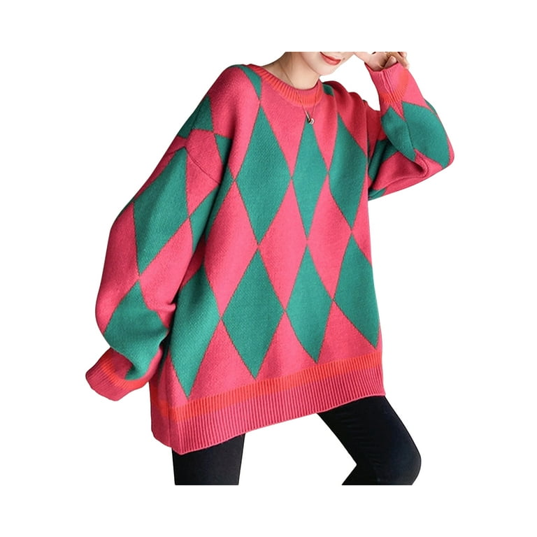 Ma&Baby Women V Neck Knitted Sweater Long Sleeve Argyle Print Pullover Crop Top Knitwear