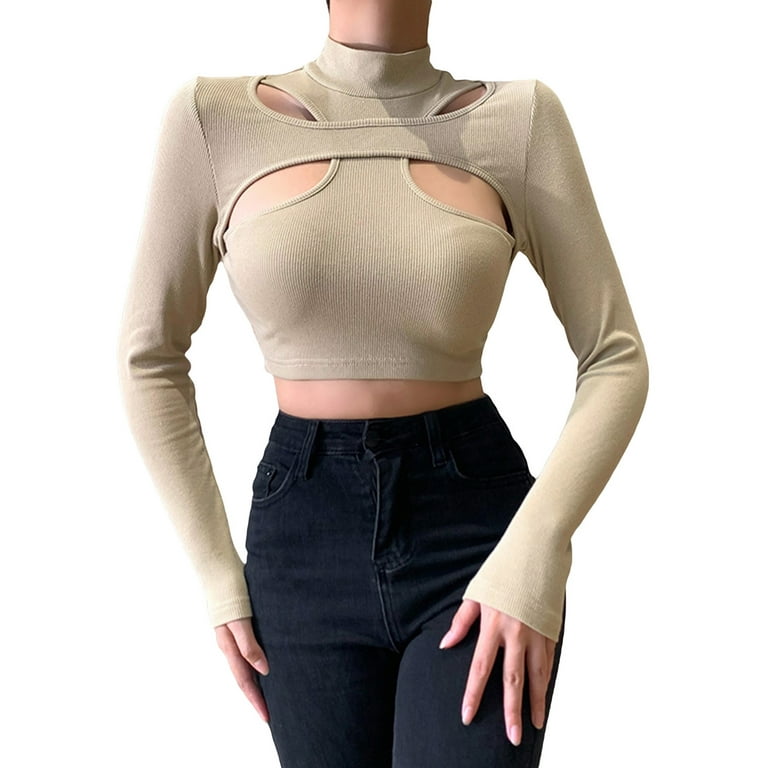 Ma&Baby Women Y2K Criss Cross Cut Crop Top Ribbed Knit Long Sleeve High  Collar T-Shirt