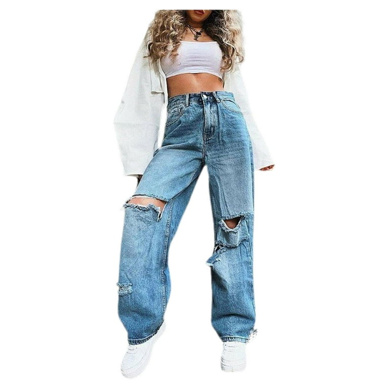 Ma&Baby Women Y2K Wide Leg Jeans High Waist Baggy Trousers Ripped  Distressed Denim Pants 
