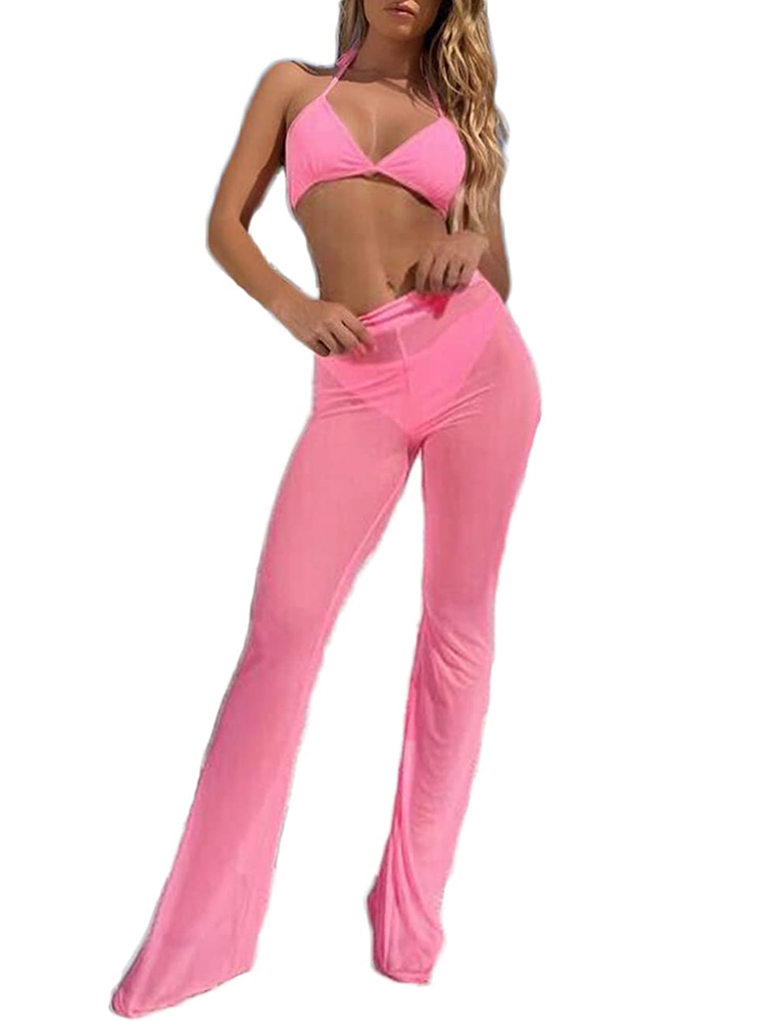 Pink Sheer Bell Bottom Pants - Pink / S