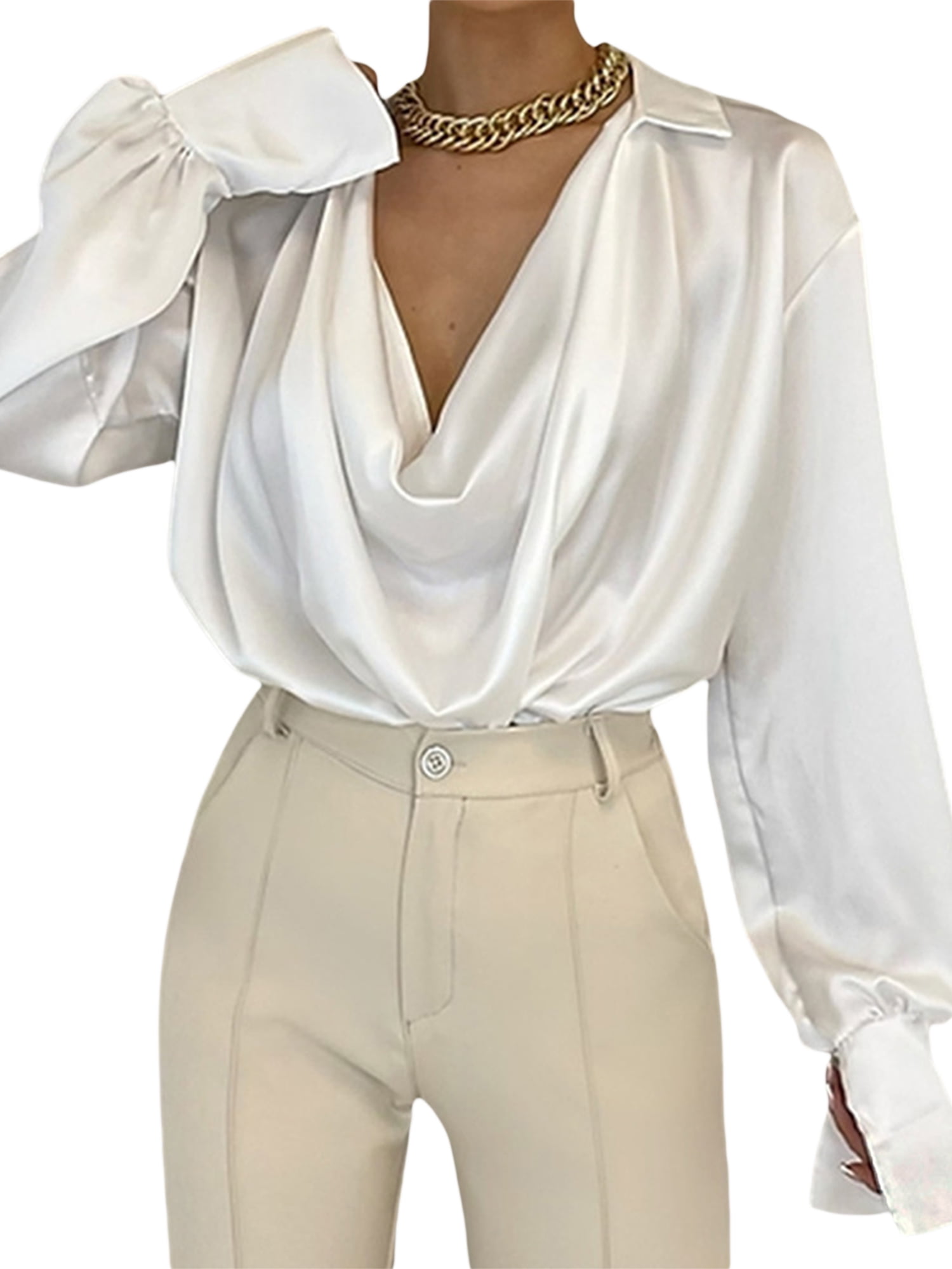 Ma&Baby Women's Satin Silk Collar Neck Drape Ruched Front Long Sleeve  Blouse Shirt Loose Tops 