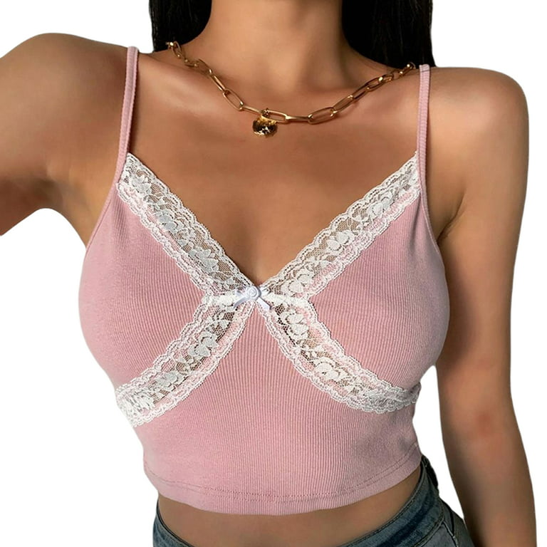 Ma&Baby Womens Lace Crop Top Spaghetti Strap Tanks E-girls Y2K Cami Camisole  Top Shirt 