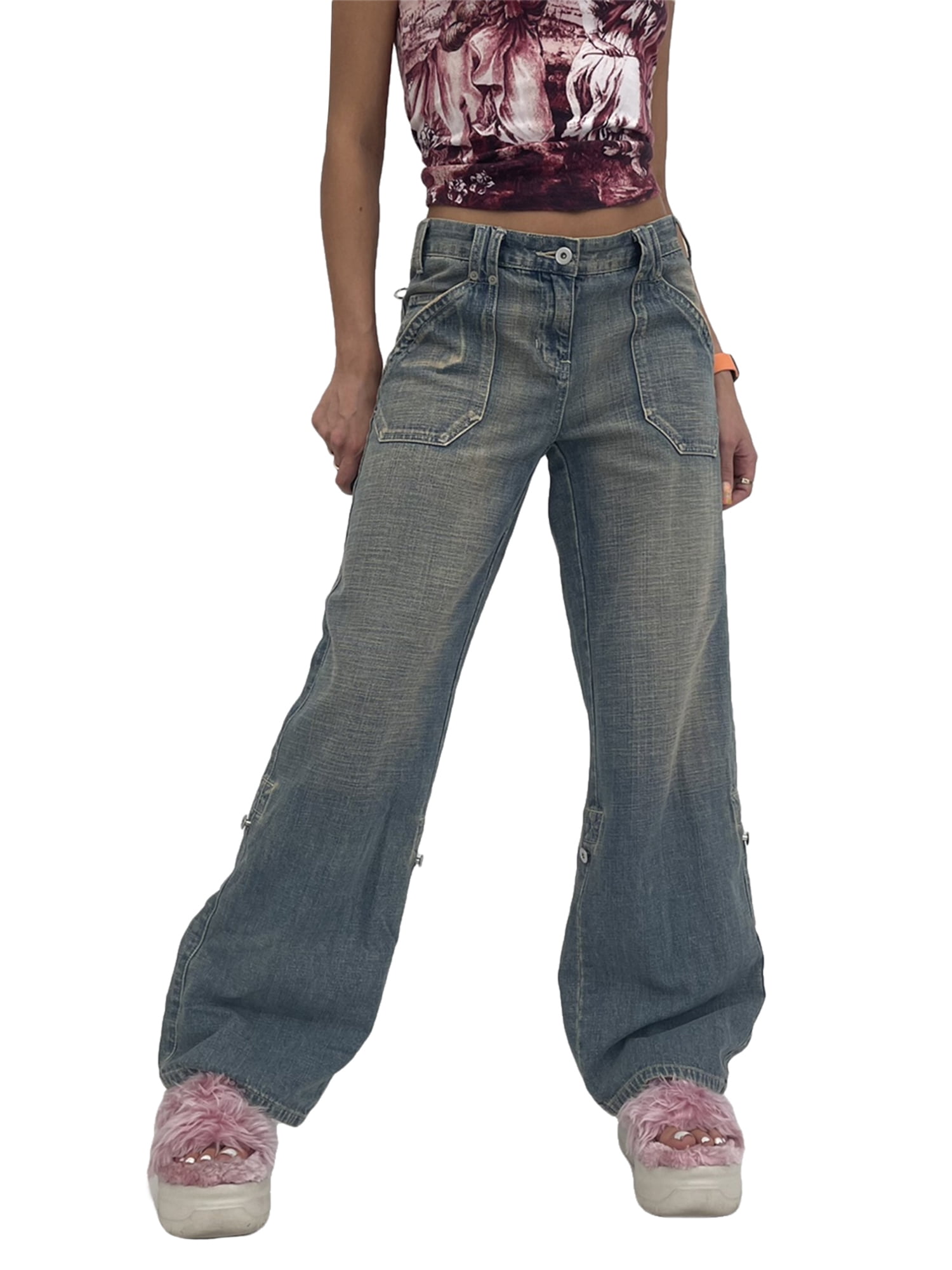 Ma&Baby Womens Y2K E-Girl Vintage Baggy Jeans Trousers Low Waist Denim  Pants Streetwear
