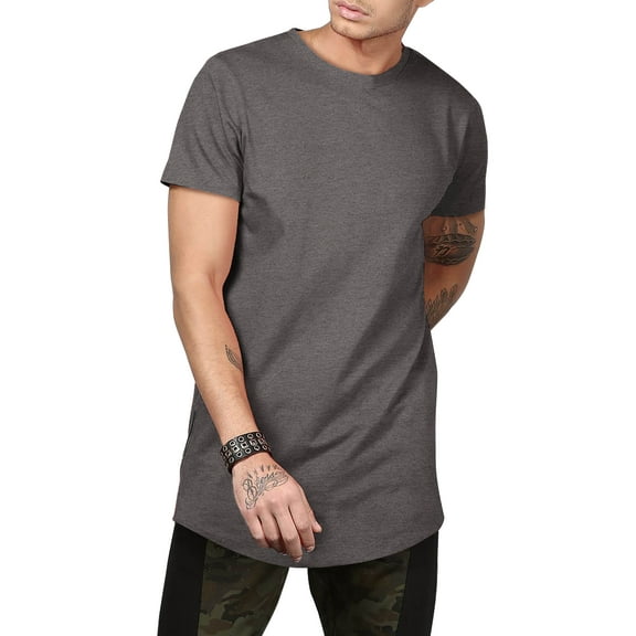 Ma Croix Men's Casual Longtail Extended Slim Fit Hip Hop Crew Neck Tee Shirts with Side Zipper