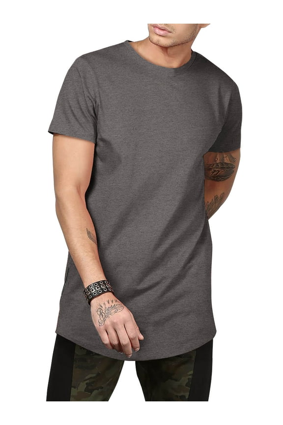 Men's Casual Longtail Extended Slim Fit Hip Hop Crew Neck Tee Shirts with Side Zipper