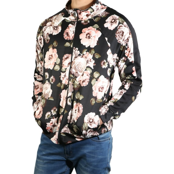 Ma Croix Men's Premium Floral Print Stretch Fit Zip Up Light Striped Track Jacket