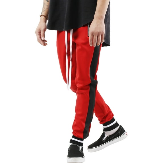 Ma Croix Men's Skinny fit Two Tone Stripe Track Pants Jogger with Zipper Pockets