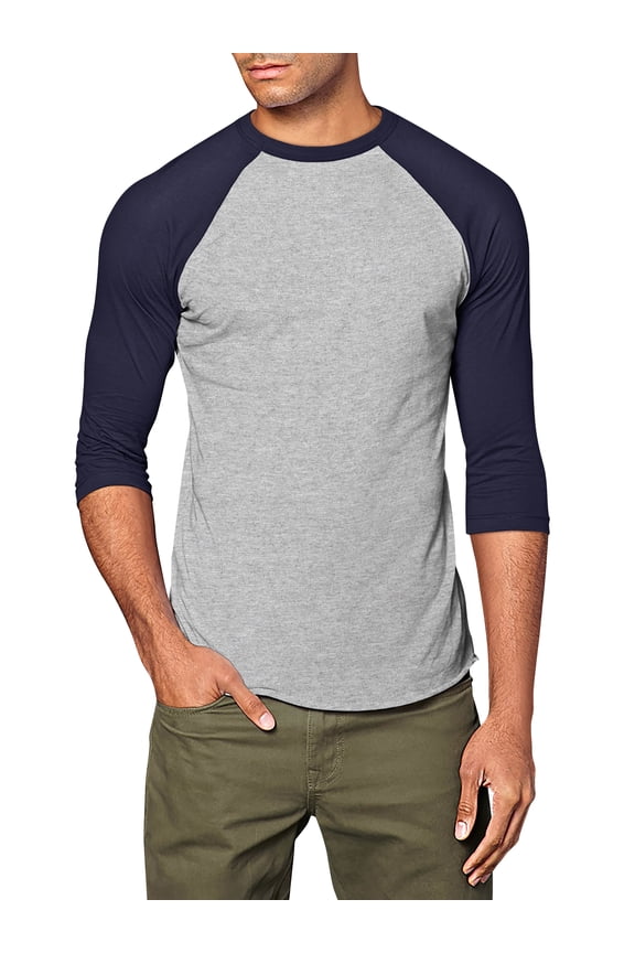 Mens 3/4 Sleeve Raglan Baseball T Shirt Small, Gray/Navy