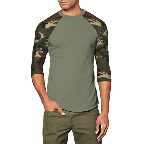Ma Croix Mens 3/4 Sleeve Raglan Baseball T Shirt 2X-Large, Olive/Green Camo
