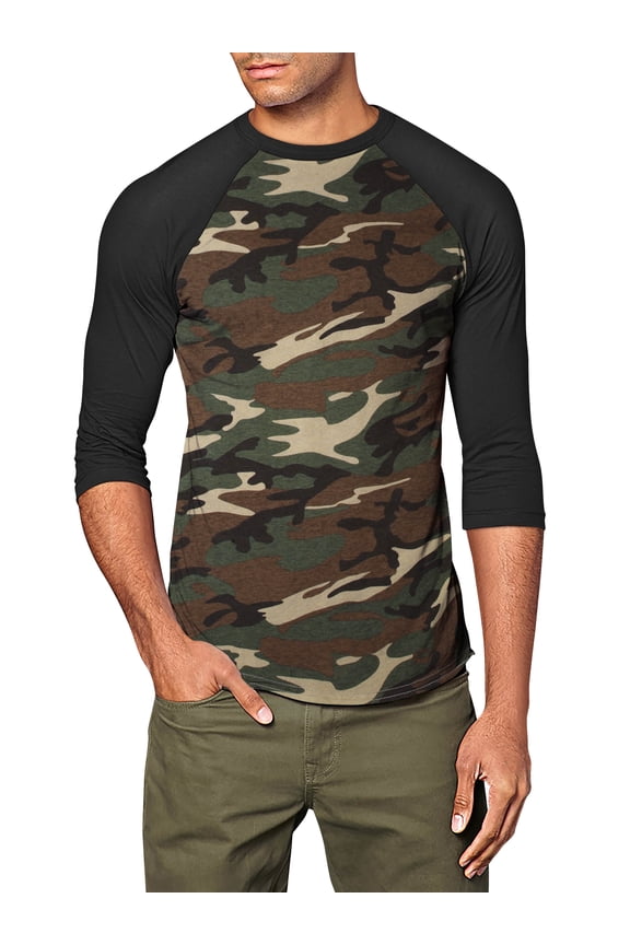 Mens 3/4 Sleeve Raglan Baseball T Shirt Large, Green Camo/Black
