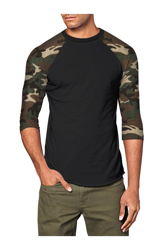 Mens 3/4 Sleeve Raglan Baseball T Shirt Large, Black/Green Camo