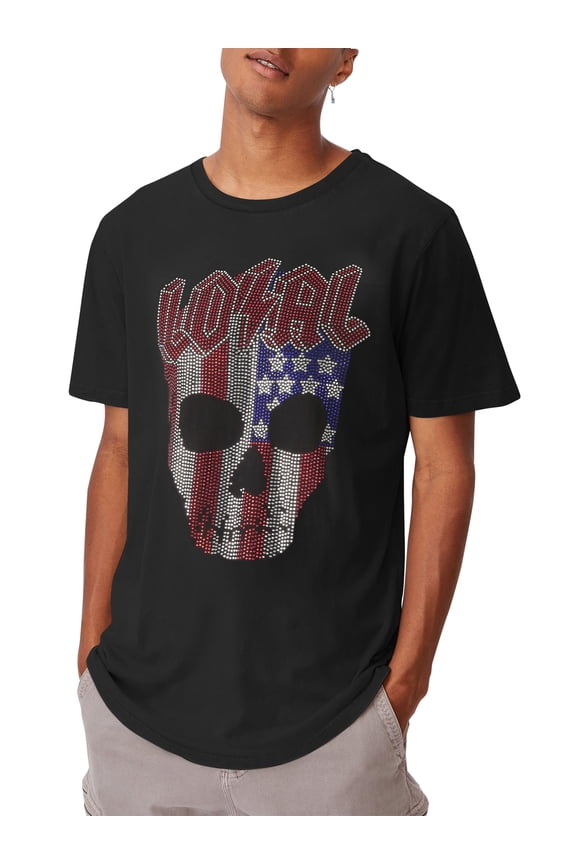Mens American Flag Skull Sequin Rhinestone Embedded Short Sleeve T Shirt