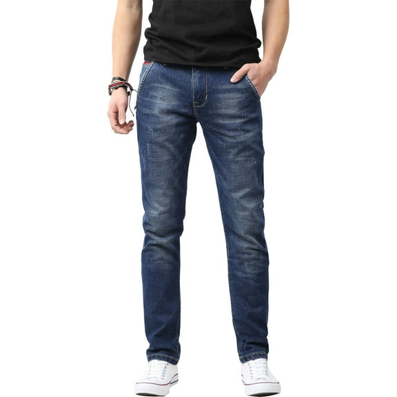 Ma Croix Mens Biker Jeans Distressed Ripped Zipper Straight Slim Fit Stretch Denim Pants
