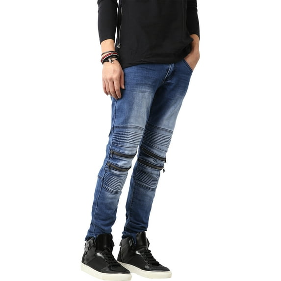 Ma Croix Mens Biker Jeans Distressed Ripped Zipper Straight Slim Fit Stretch Denim Pants