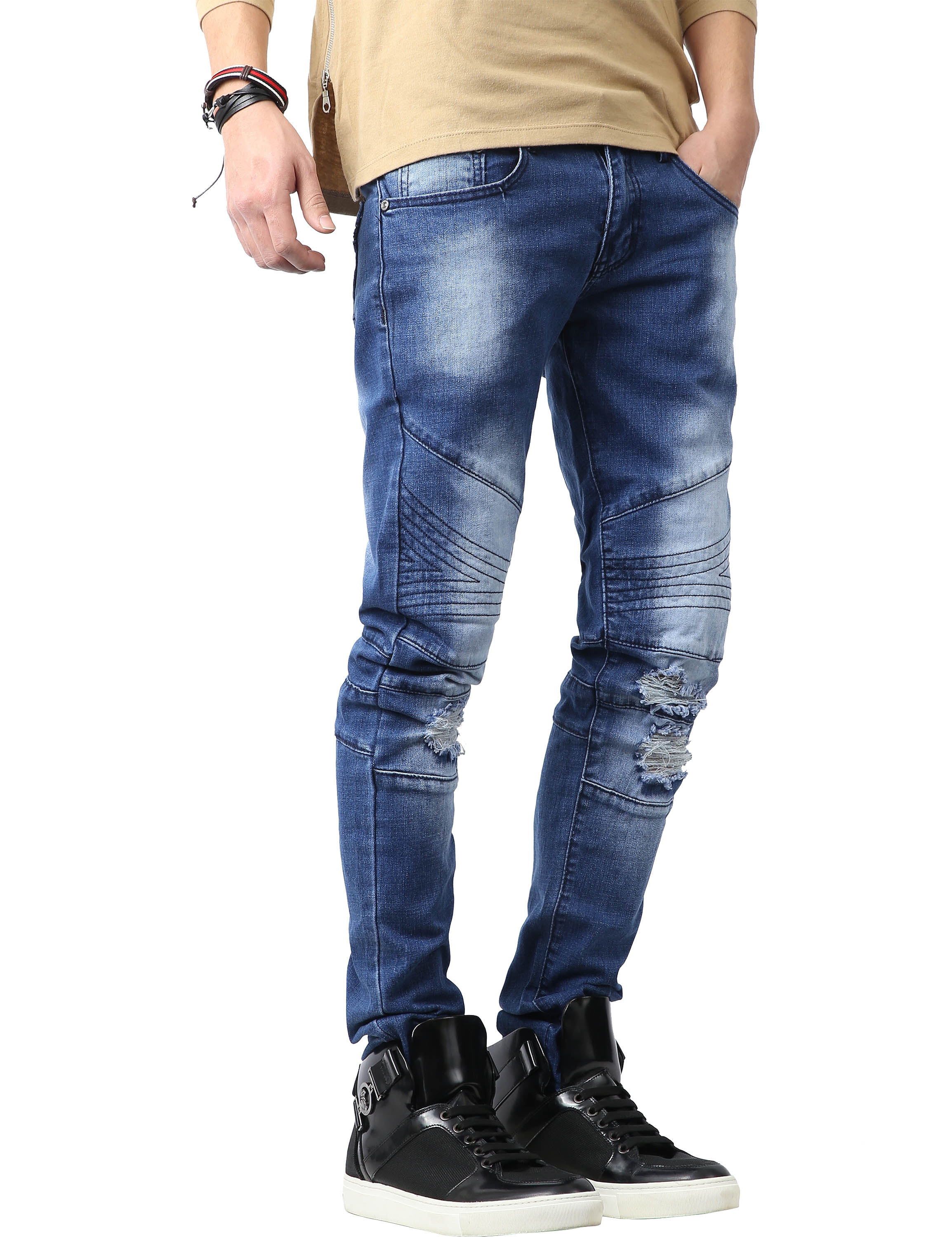 Ma Croix Mens Biker Jeans Slim Fit Distressed Ripped Zipper Stretch Denim Pants - image 1 of 6