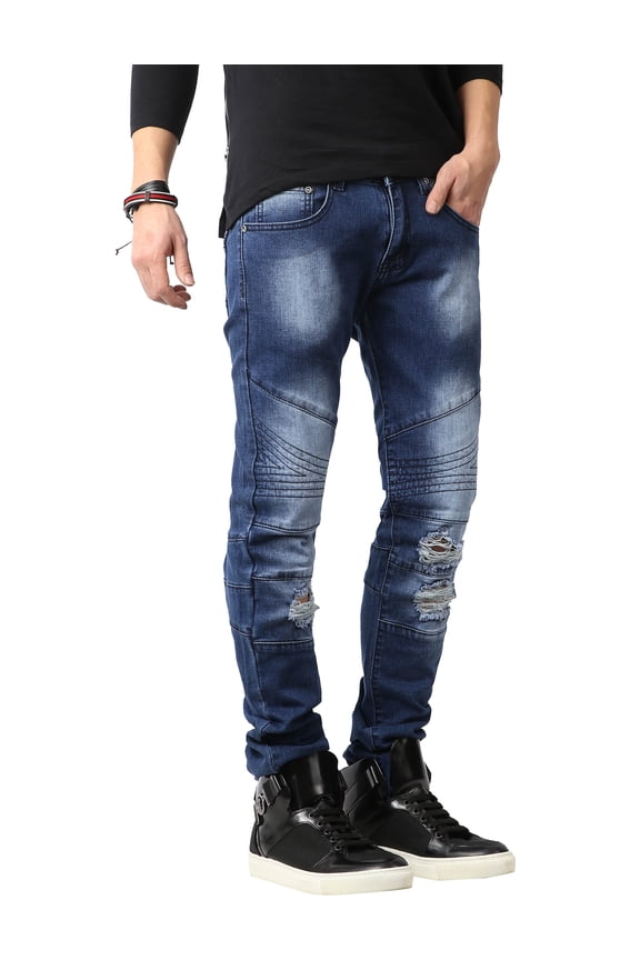 Mens Biker Jeans Distressed Ripped Zipper Straight Slim Fit Stretch Denim Pants